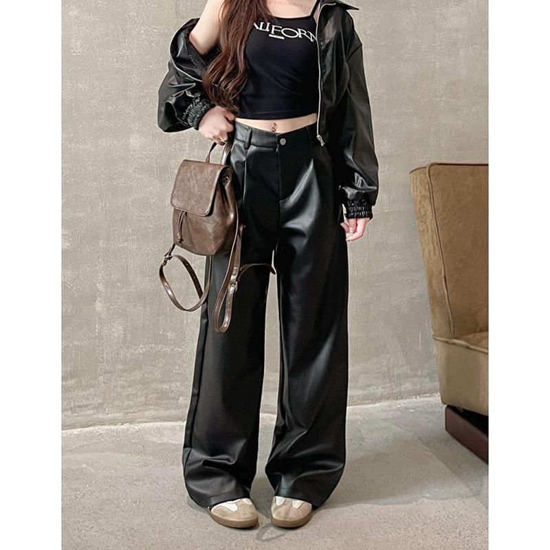 

Petite Women s Brown Leather Wide-Leg Pants – New Spring/Autumn Style, Casual Straight-Leg Fit 2XL чорний