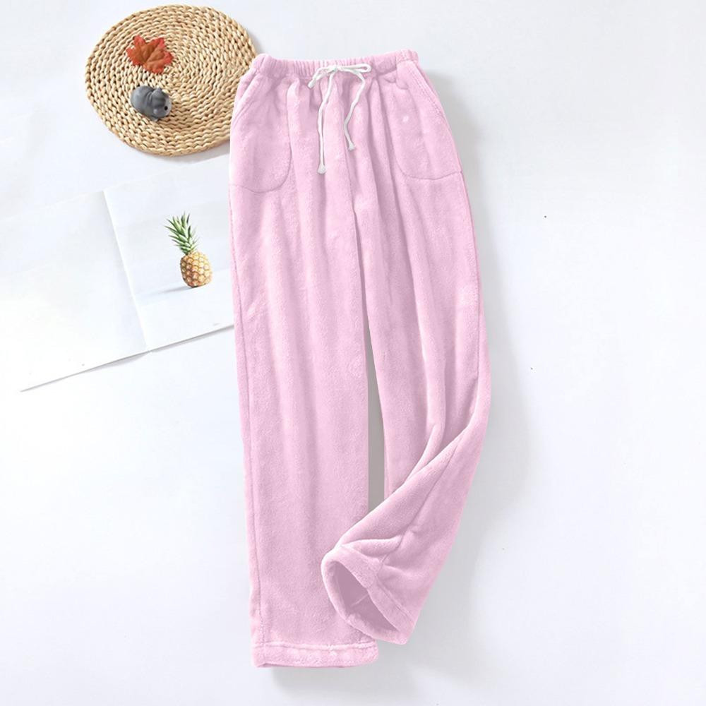 Women's Fuzzy Fleece Wide Leg Pajama Pants Elastic Drawstring Waist Warm Loungewear Sleep Trousers With Pockets