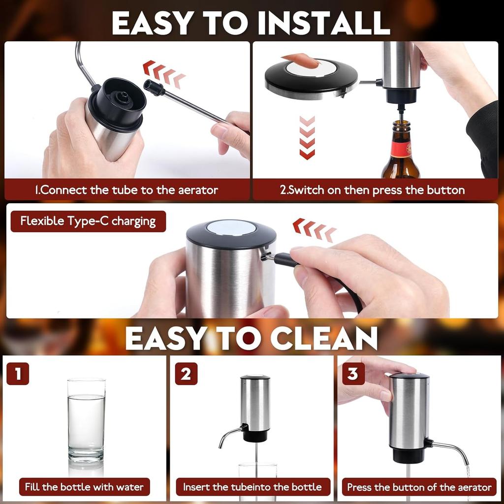 Electric Wine Aerator Pourer Automatic Wine Dispenser Pump with Retractable Tube for One-Touch Instant Oxidation Smart Wine Aerator Decanter for