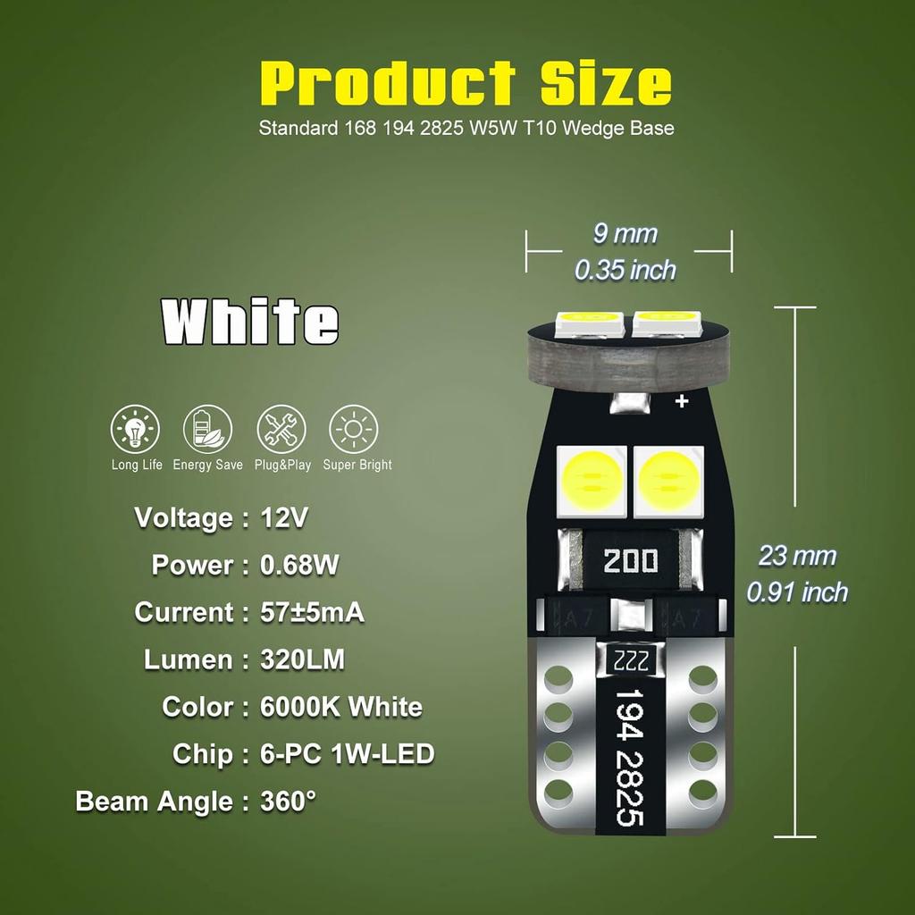 12V White T10 W5W 158 168 194 2825 trument Cluster Light LED Bulb Replacement For Dashboard Dash Panel Gauge Indicator Lamp with Socket Cross PC168