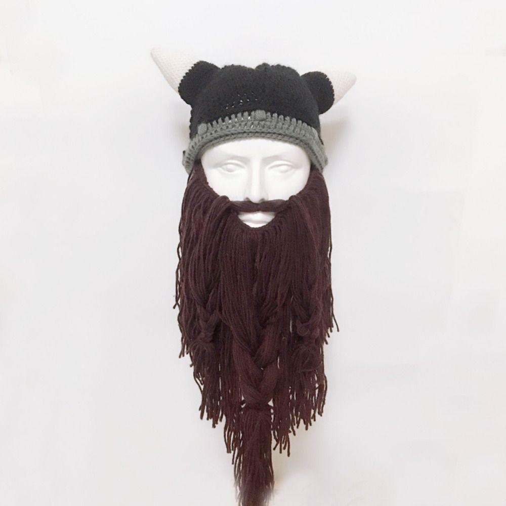 Handmade Knit Wig Beard Hats Horn Hat Big Beard Mask Hat Novelty Viking Beard Beanie Men and Women
