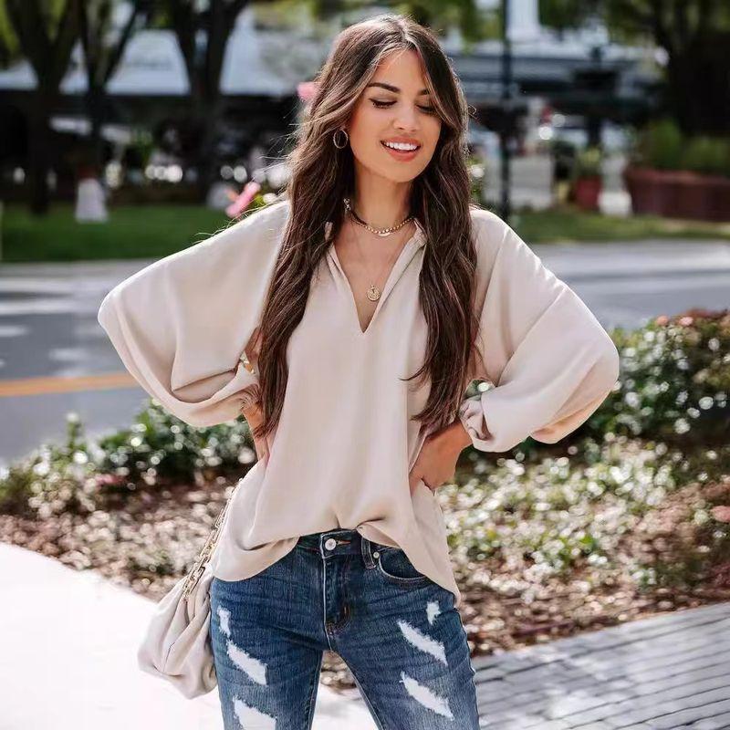 Fall Fashion New Arrival Plus Size Women's Clothing V Neck Solid Color Commute Ol Fashion Loose Raglan Long Sleeve Shirt Top Women