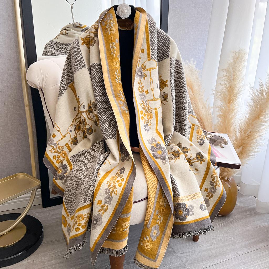 New Women's Thick Jacquard Faux Cashmere Flower Scarf - Warm Simple Shawl for Autumn & Winter