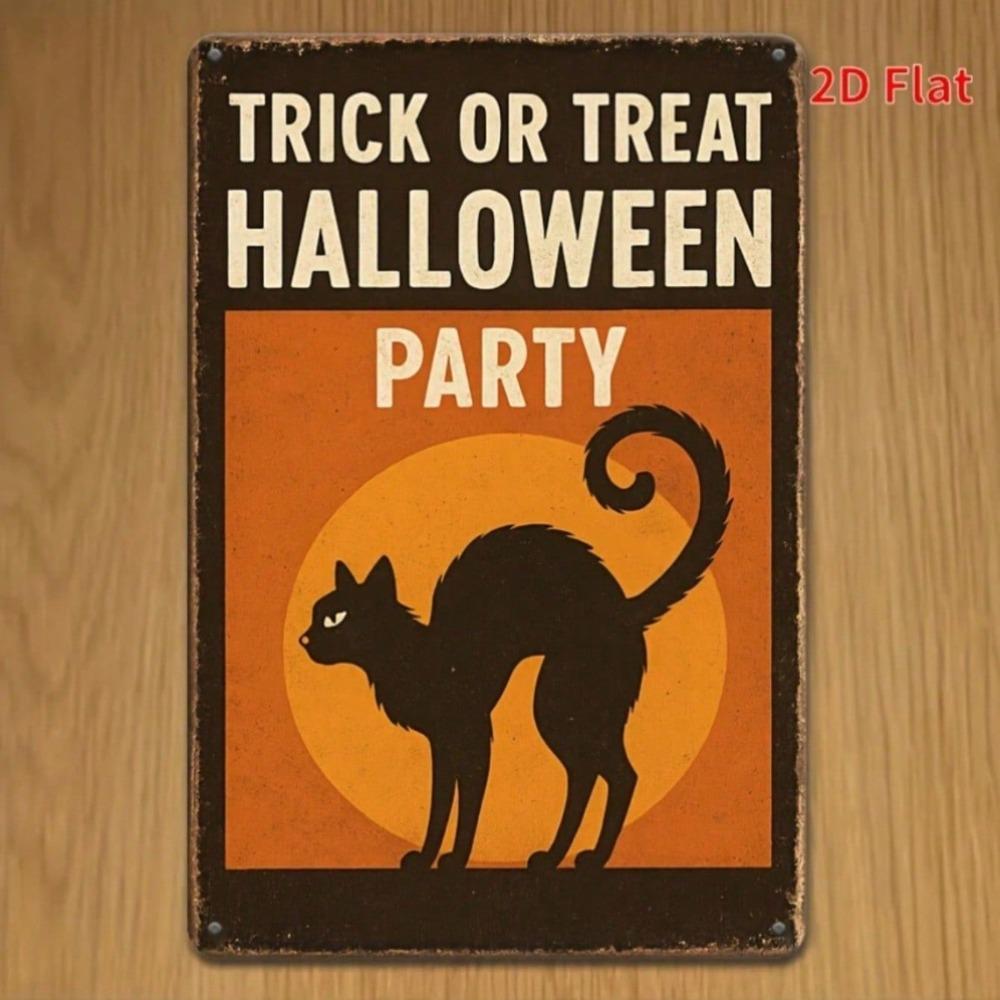 Vintage Halloween Metal Sign 8x12, Retro Black Cat Parade Wall Art, Iron Plaque for Bar, Restaurant & Party