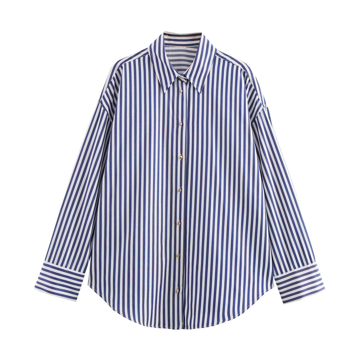 

2025 Spring Women s Striped Long-Sleeve Casual Shirt Top XS