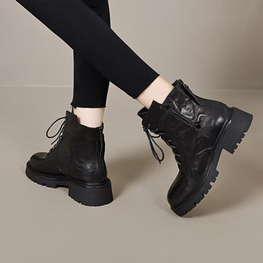Short Boots Women's Martin Boots Autumn and Winter New Lace-up Casual Flat Leather Boots Button-back Zipper Women's Boots