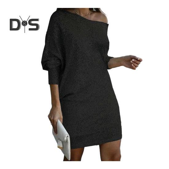 Women Evening Dress Shiny Sequin Slant Neck One Shoulder Three Quarter Sleeve Loose Above Knee Mini Dress Prom Party Dress