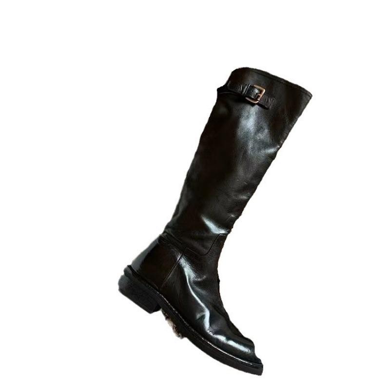 Gewaschenes Rindsleder~ echtes Leder schwarz Retro-Stiefel vielseitig und dünn dicker Absatz Ritterstiefel Damenstiefel hohe Stiefel