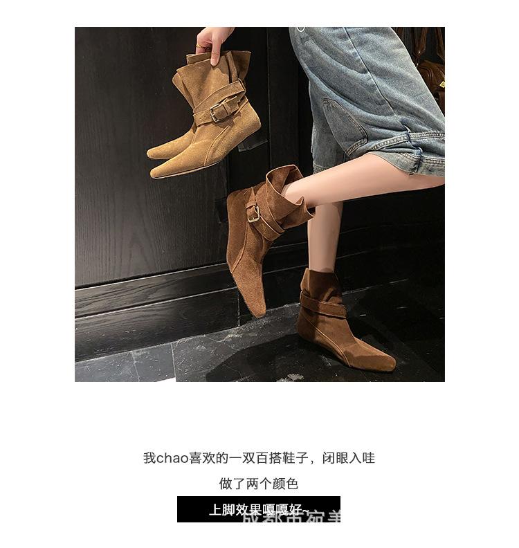 French retro polished matte cowhide short boots, foreign trade new square head and ankle thick heel belt buckle Chelsea boots