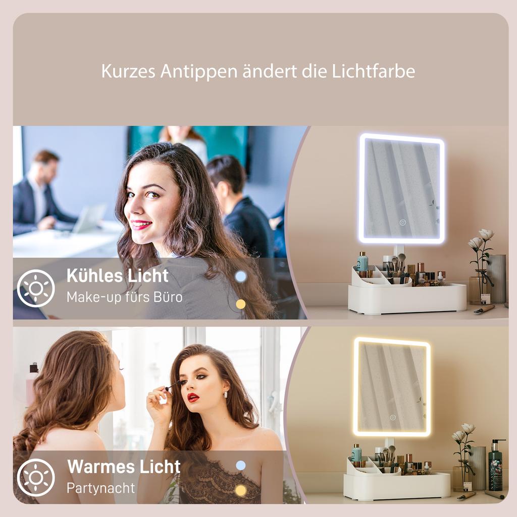 Makeup Mirror with Lights, Rechargeable Vanity Mirror w/ Touch Screen, 2 Lighting Modes and 180 degrees Rotation, White