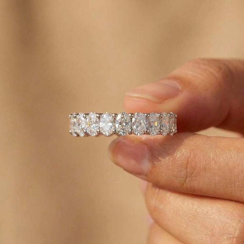 

925 Sterling Copper Shiny Inlaid Oval Cubic Zirconia Ring for Women Simple Style Finger Accessories Wedding Party Trendy Zircon 6 белый