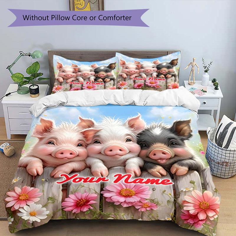 3PC Custom Name Piggy Friends Garden Bedding Set Printed Bedding Set Duvet Cover Closure Includes 1 Duvet Cover & 2 Pillowcases for All Seasons Bedroo
