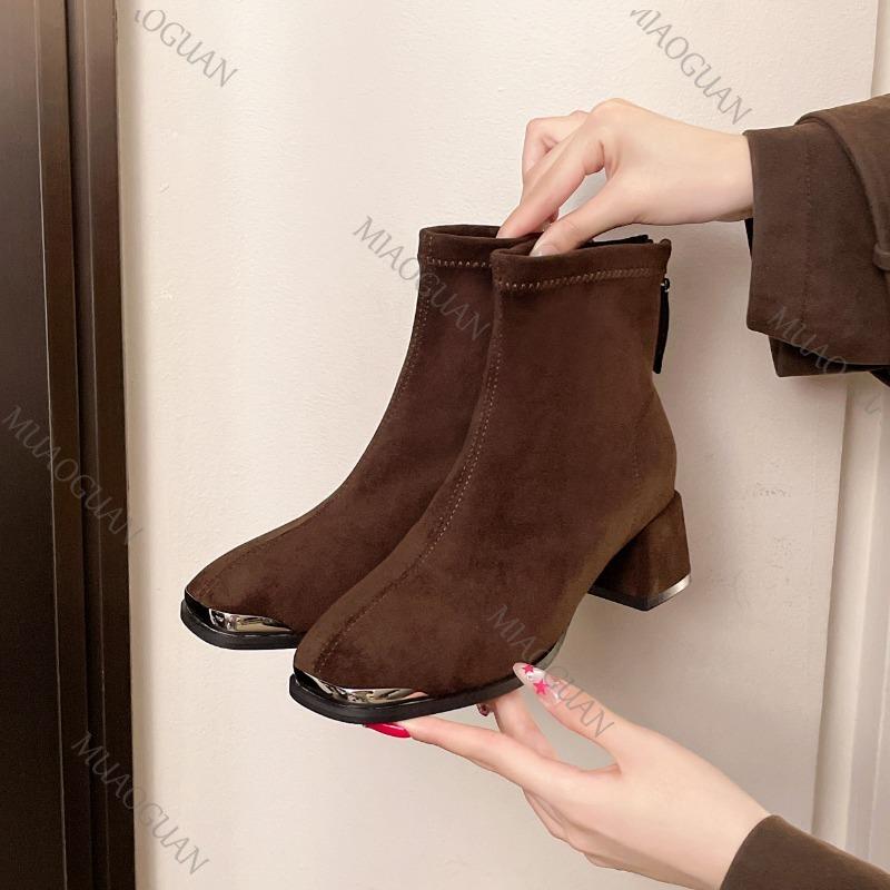 Fashion French Retro Elastic Ankle Boots Suede Thick Heeled Temperament Women's Shoes Suede Back Zipper Square Toe Short Botas Female