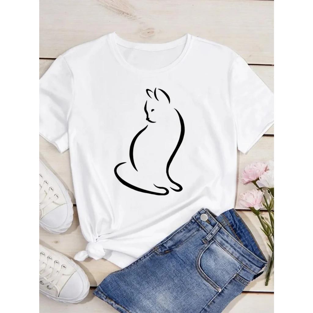 Cute Cat Print Women's T-shirt Casual Short-sleeved Blouse Summer Women's Cartoon Street Wear Y2k Clothing