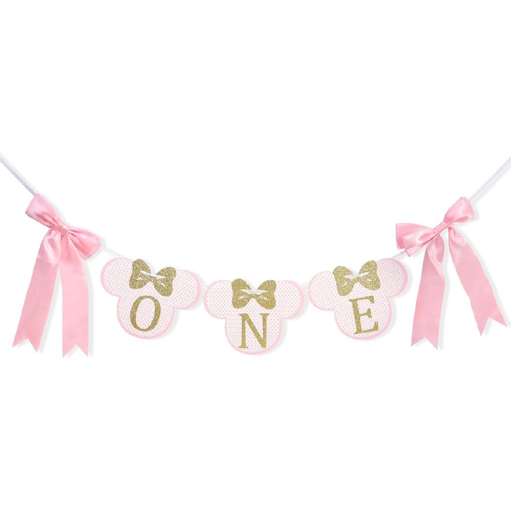Mouse One High Chair Banner - Mouse First/1st Birthday Decorations,Pink And Gold Banner, Bow Girl 1st Pink Decor (mouse-1)