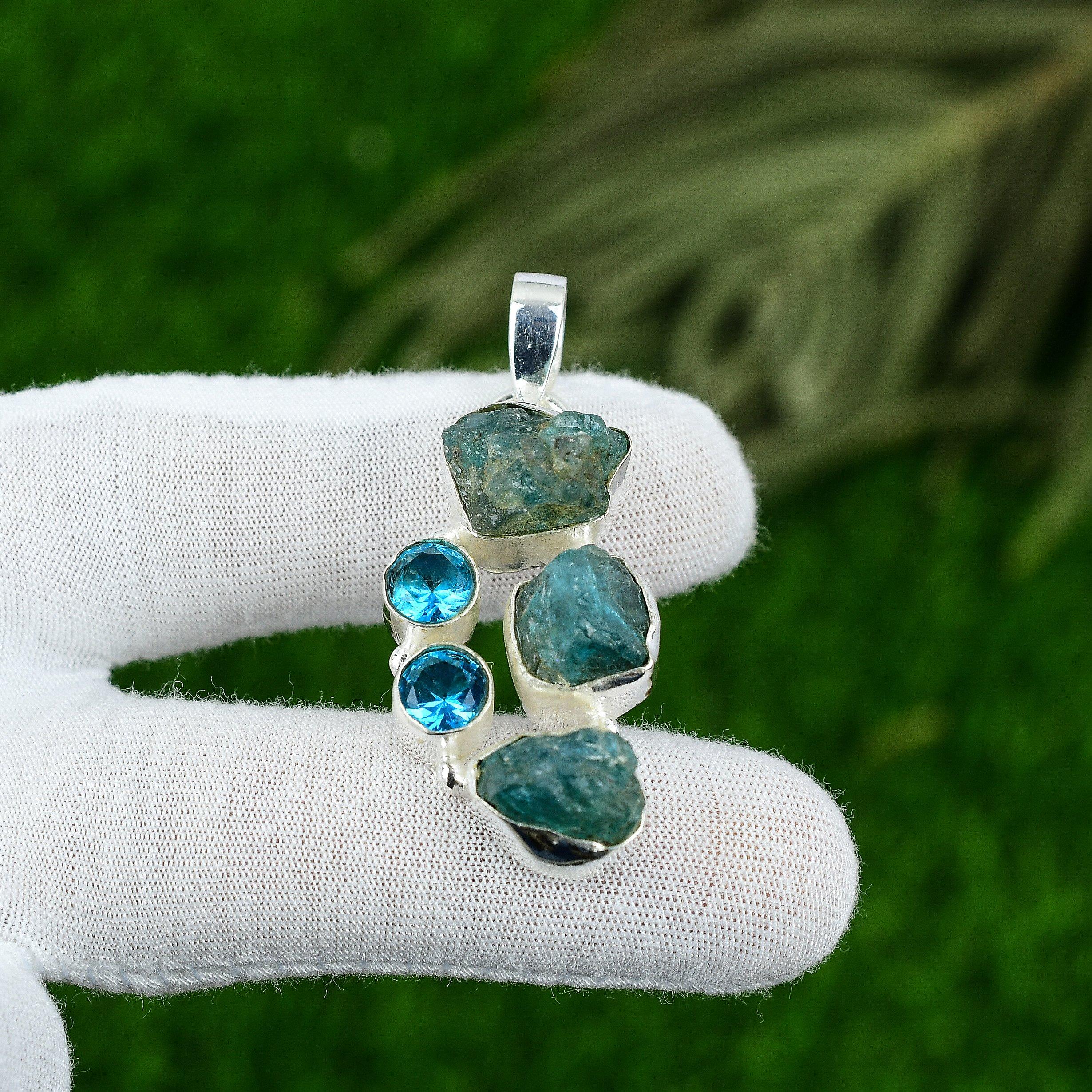 Birthday Gift For Her Natural Apatite Rough Gemstone Pendant 925 Sterling Silver