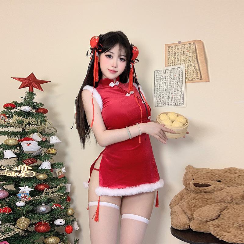 Ladies' Erotic Lingerie Sexy Christmas Cosplay Uniform Bunny Girl Bow Velvet Strapless Hollow Dress Spicy Girl Sexy Pajama Set