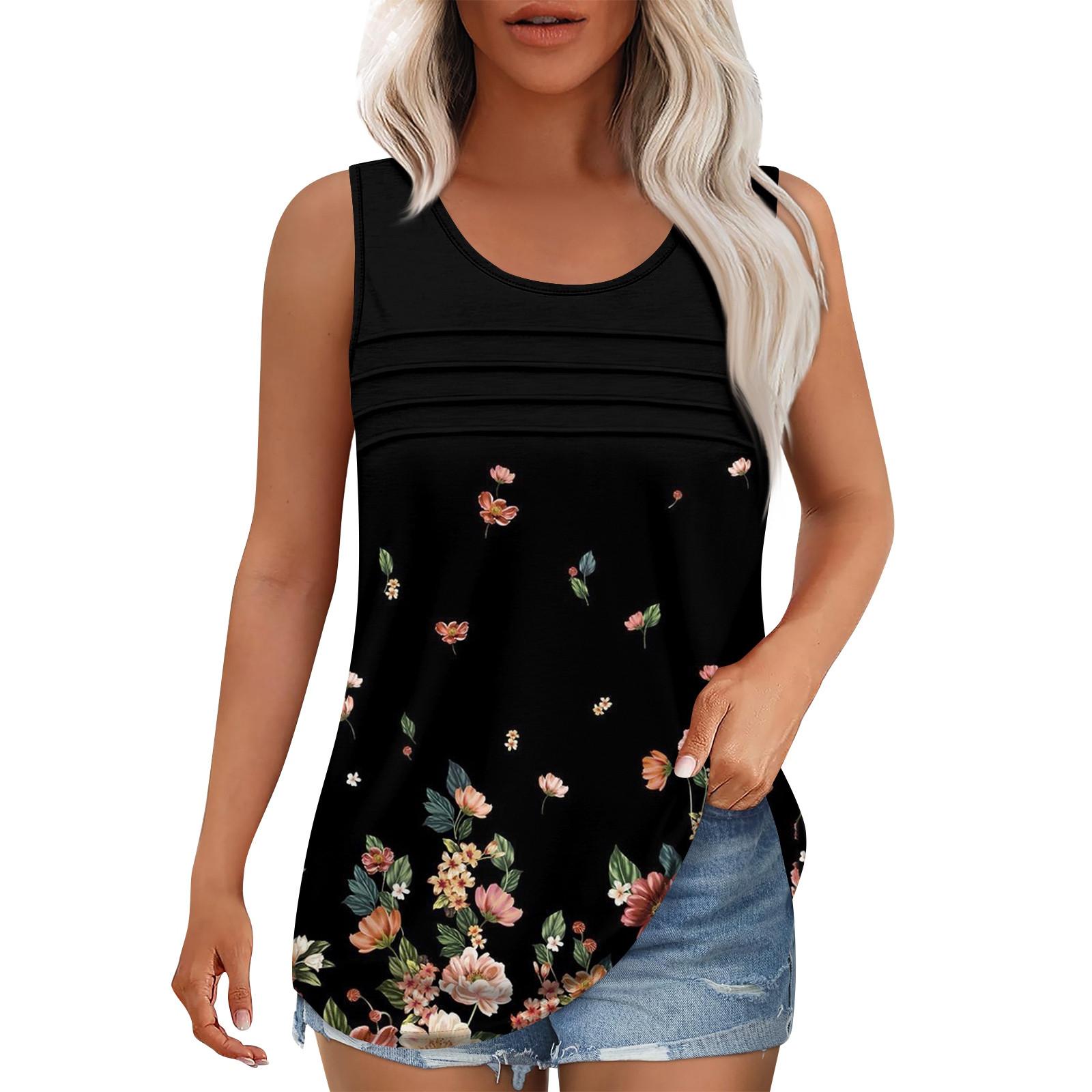 

Майка для женщин Летние наряды Без рукавов Блузки с принтом Повседневные свободные рубашки Округлый вырез Складки спереди L чёрный