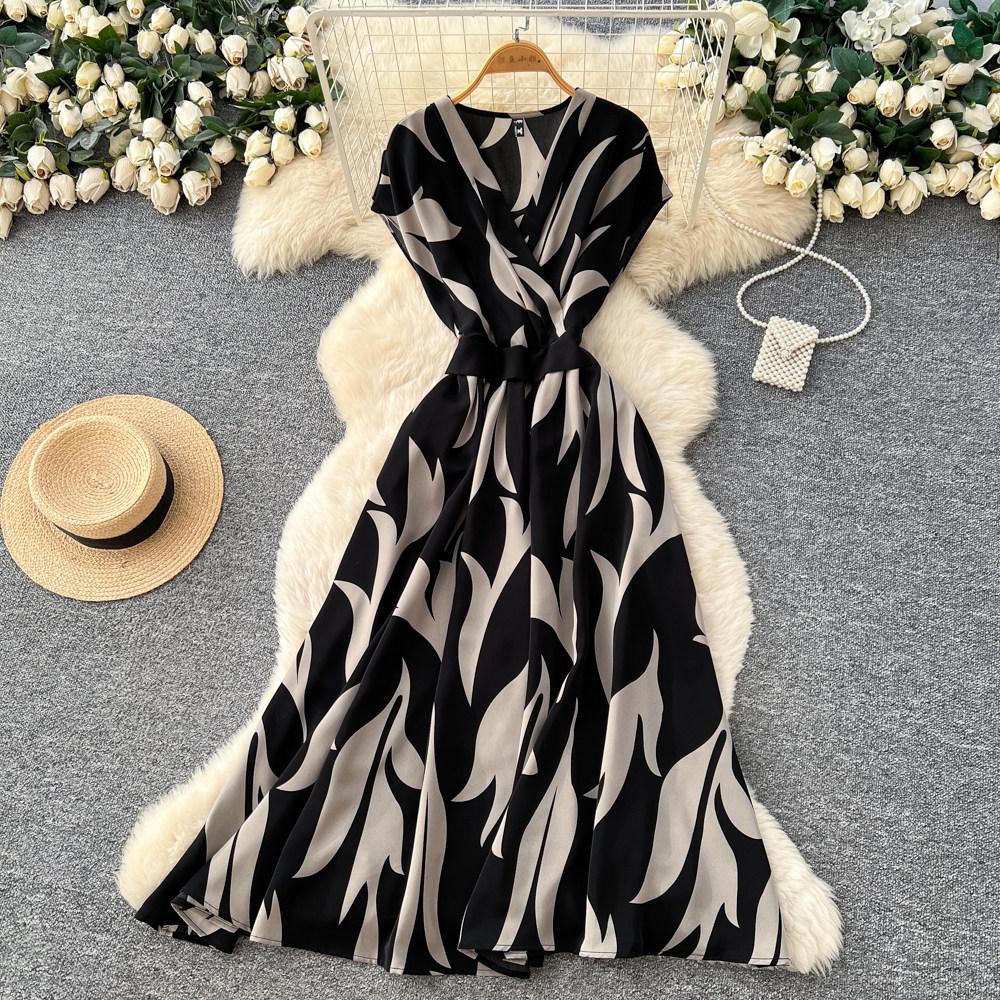 

Commute Sleeveless Printed Dress Women Spring New High Waist Slim A Line Long Dress Luxury Design Sense One Size