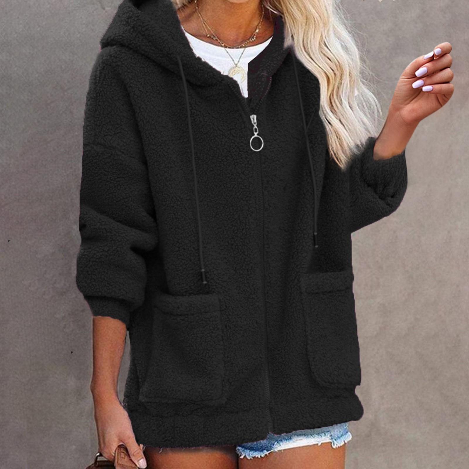 

Women s Fashion Solid Color Long Sleeve Zipper Hooded Pocket Lamb Fleece Coat XXL чорний