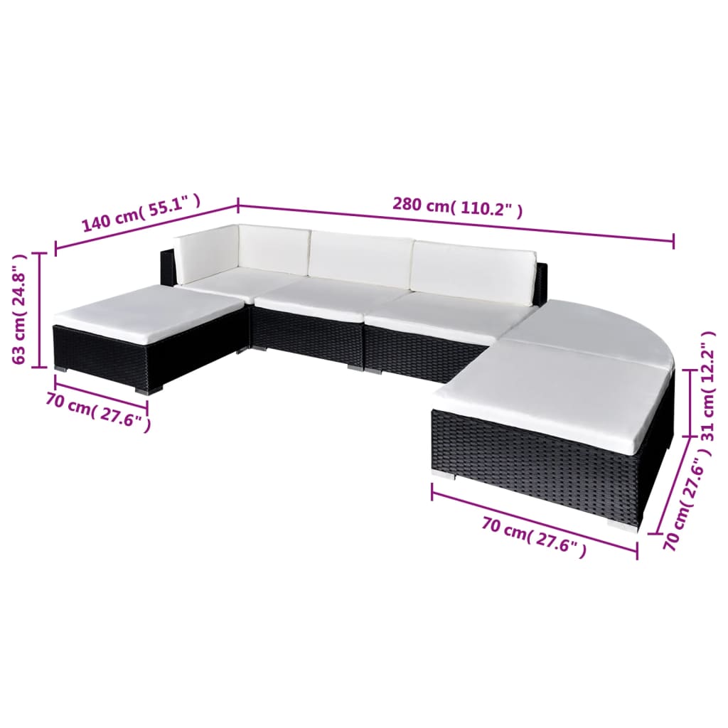 6 Piece Garden Lounge Set with Cushions Poly Rattan Black
