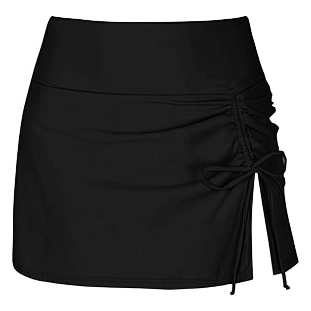 Women's Fashion Sexy Color High Waist Pleated Slit Drawstring Swimming Briefs Double Skirt Swimming Trunks