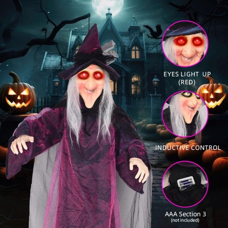 Sound Activated Halloween Witch Ornament with Illuminated Eyes Portable Hanging Decoration for Haunting Celebration