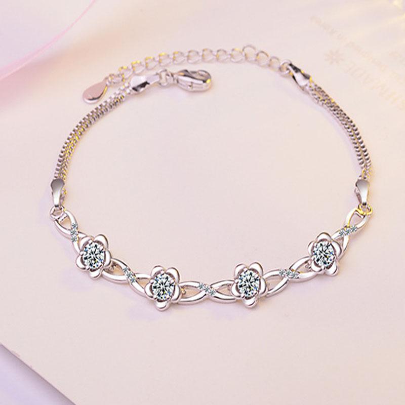 New 925 Sterling Silver Stackable Flower CZ Crystal Design Bracelet Bangle for Women Wedding Birthday Jewelry Pulseira Feminina