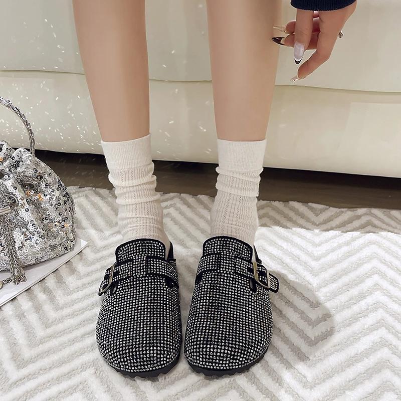 Women's Mules Flat Sole Rhinestones Cover Toe One Kick Women's Slippers Dress Retro Spring Autumn Zapatillas De Mujer