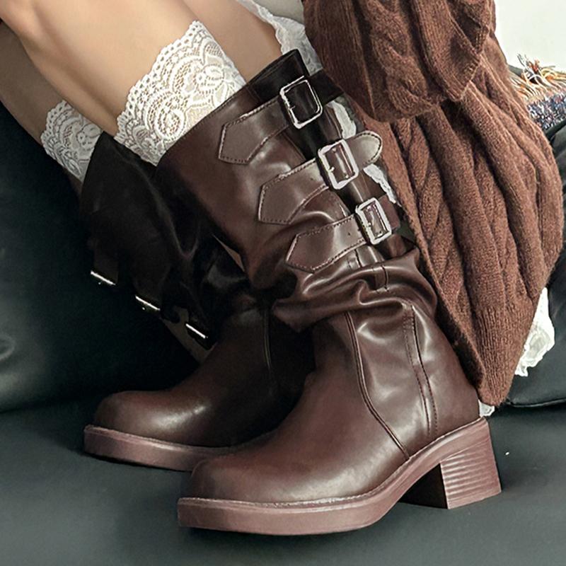 

Женские кожаные ботинки средней длины с пряжкой, массивные туфли для женщин 2025 года, трендовые зимние брендовые готические гладиаторские зимние мотоциклетные ботинки для женщин 35