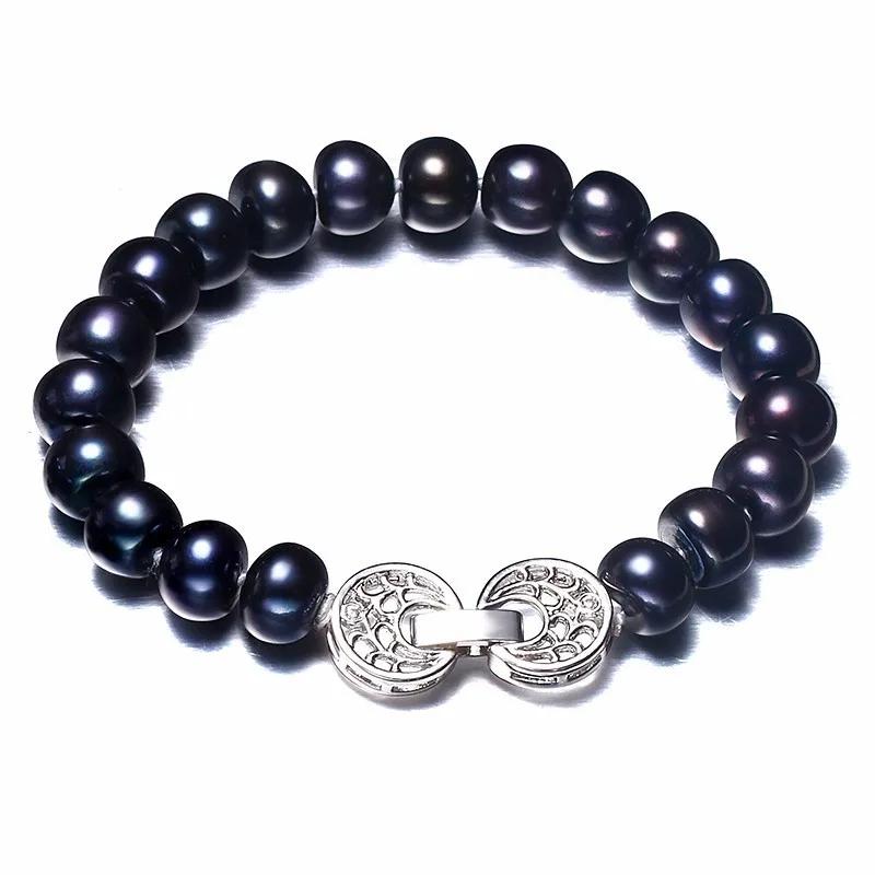 HENGSHENG Big Natural Black Pearl Bracelet,925 Sterling Silver Women Fashion Jewelry Bracelet,9-10mm Bread Freshwater Pearl,Gift 16cm чёрный