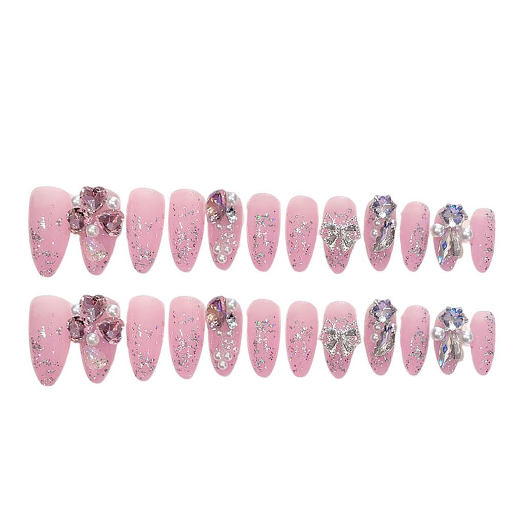 Pink Pointed Head False Nail with Rhinestone Chip-Proof Smudge-Proof Fake Nails for Daily and Parties Wearing