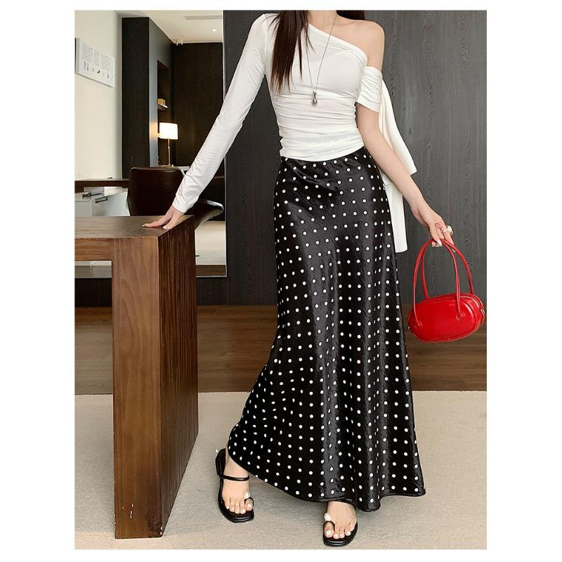 Moda Primavera Verano Elegante Estampado de Lunares Falda Larga Cintura Alta Suelta Ajustada a la Cadera Línea A Faldas de Fiesta Ropa Sencilla Casual para Señoras de Oficina