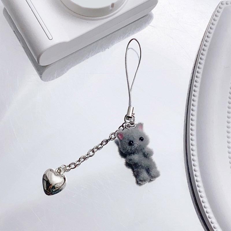 Fashion Flocking Cat Heart Pendant Phone Straps Lanyard Pocket Keychain Strap Backpack Charm Car Key Decoration