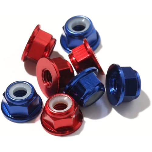 Set of 8 Lightweight Aluminum Wheel Nuts (4 Blue, 4 Red) for Tamiya 10/1 Scale Vehicles. Includes Plastic Flanges. Ideal for Weight Reduction and Dres