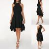 Women Elegant Solid Color Soft Halter Sleeveless Asymmetric Hem One Piece Dress