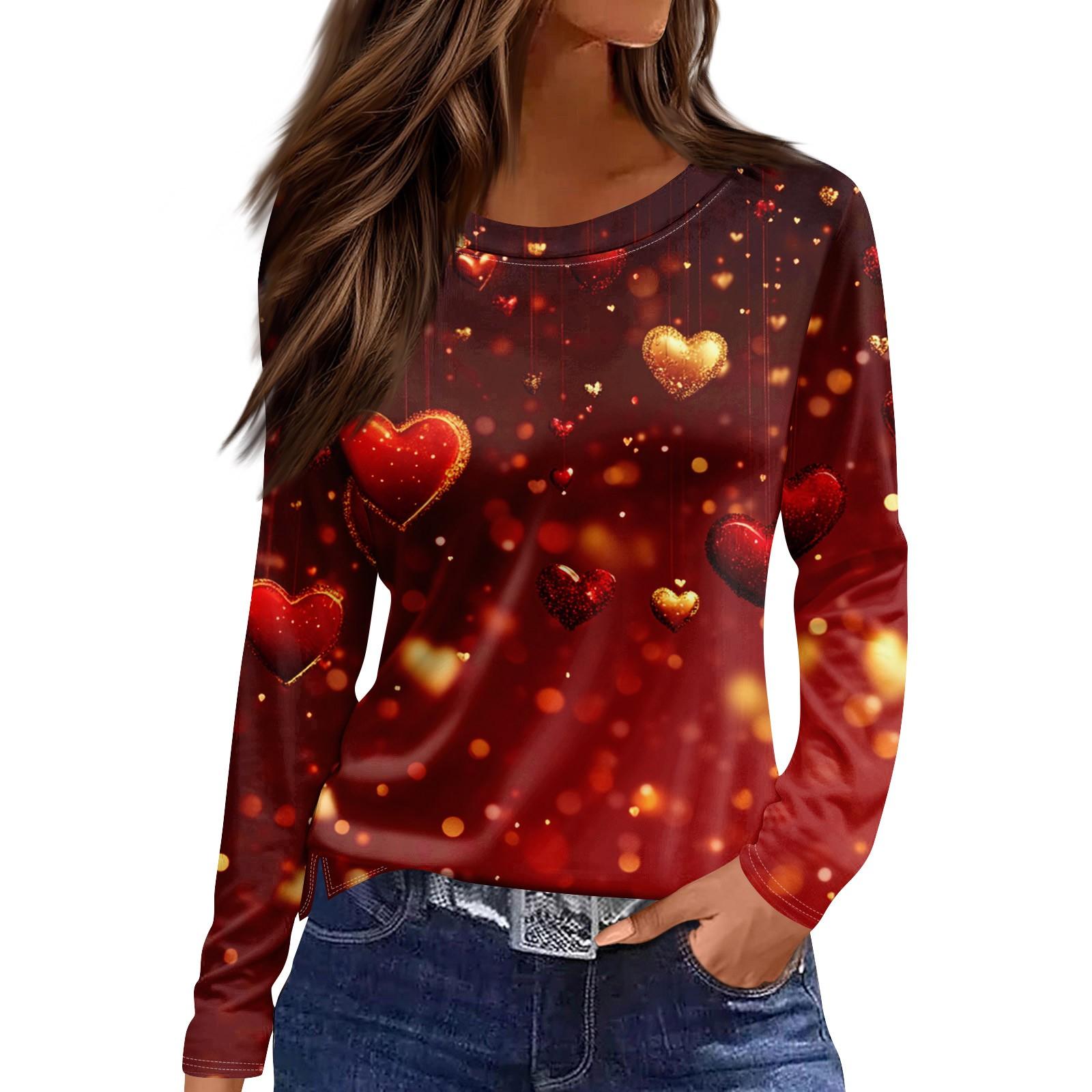 

Женская модная повседневная футболка с разрезом и круглым вырезом, длинным рукавом и принтом ко Дню святого Валентина, женский топ XL винный