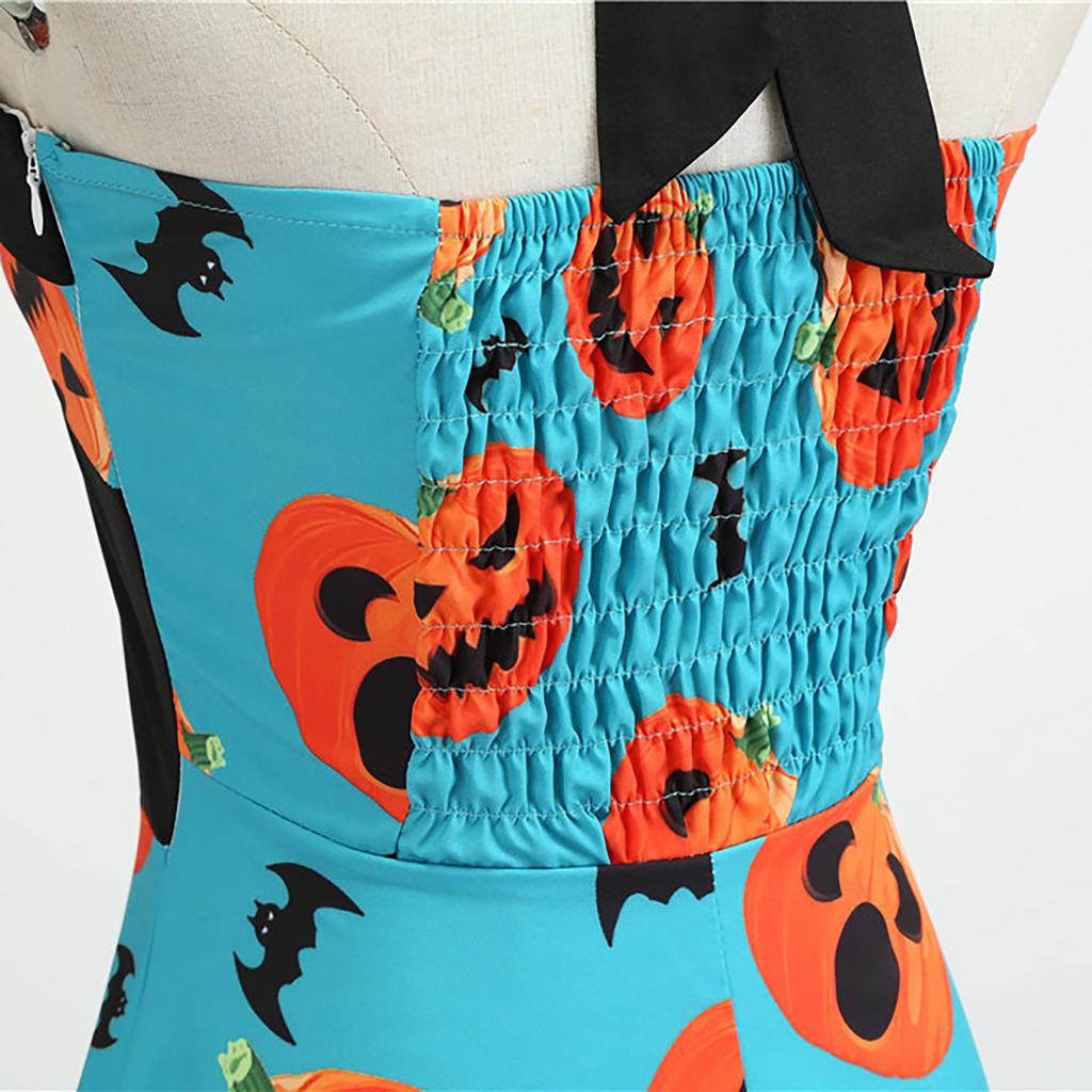 Women Casual Fashion Sleeveless V-neck Button Printed Halloween Dress