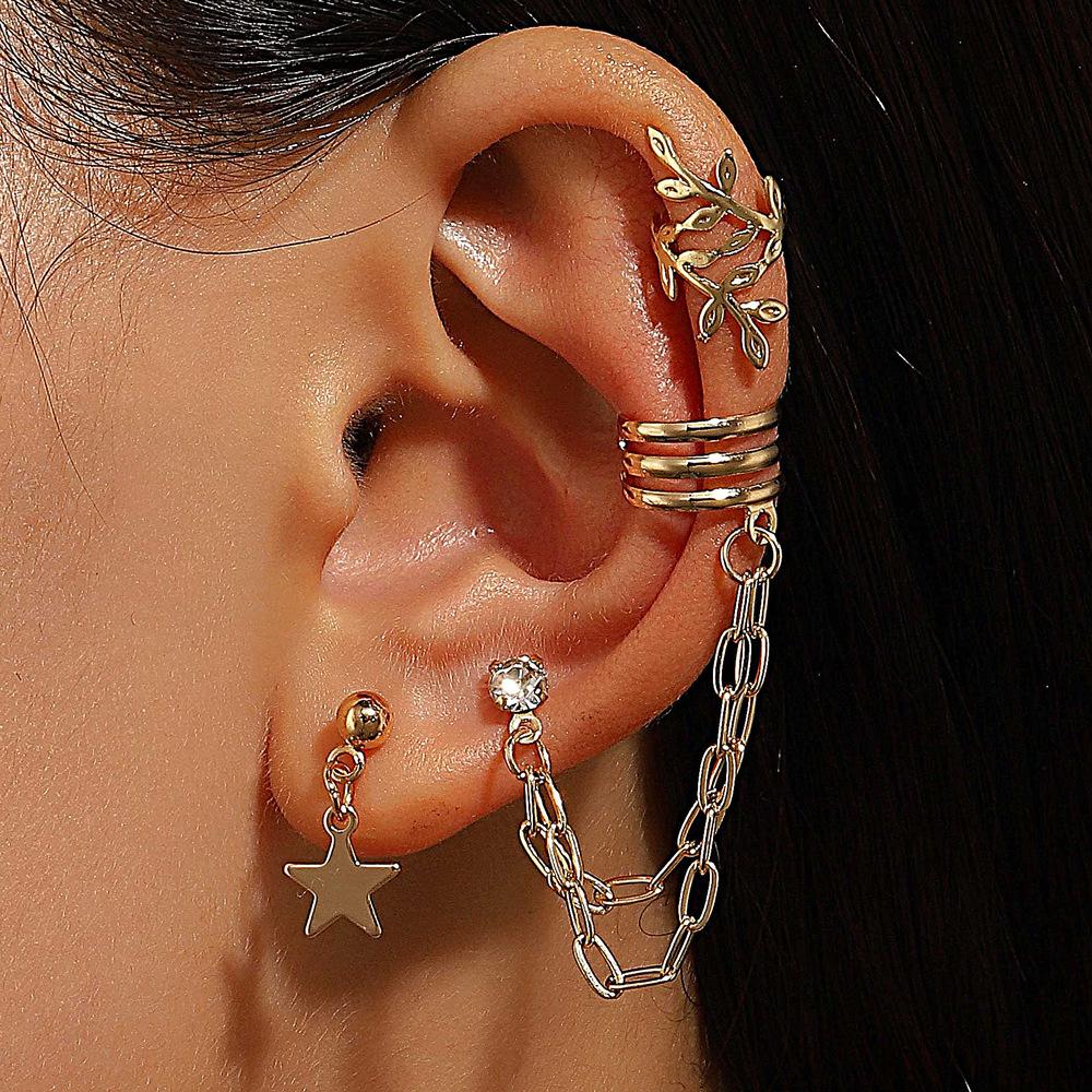 

3Pcs Punk Metal Leaves Clip Ear Women Chain Three Layer Non-Piercing Ear Clip Star Crystal Stud Earrings Set Daily Wear Zircon
