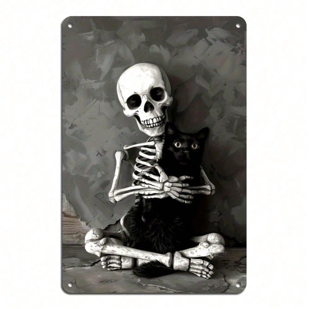 Whimsical Skull Cat Wall Decor Black White 8x12 Inch Tin Sign Easy Install Home Office