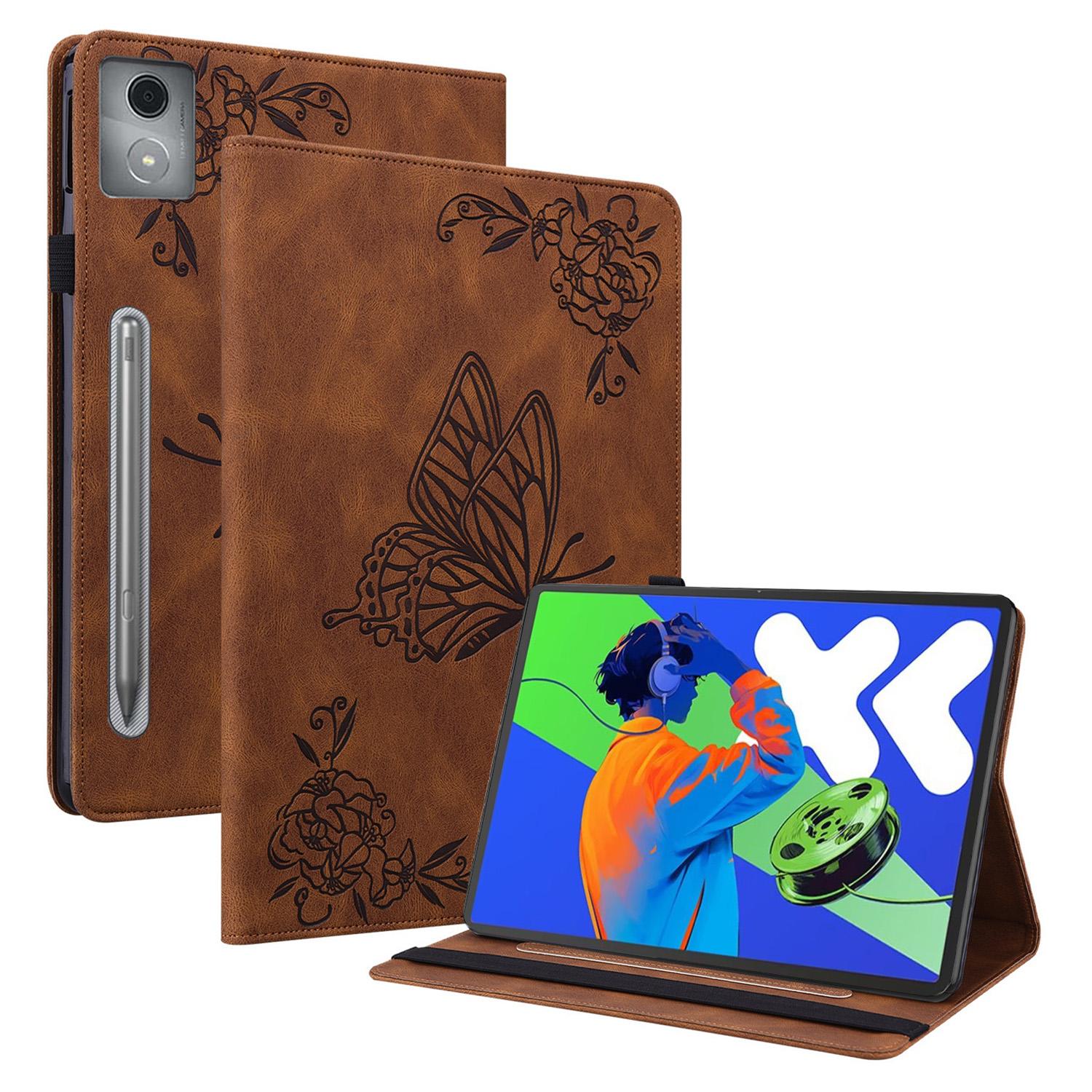 

For Lenovo Tab P12 Pro 12.7 2025/Xiaoxin Pad Pro 12.7 (2025) Case Butterfly Flower Imprint PU Leather Tablet Cover with Card Slots Brown