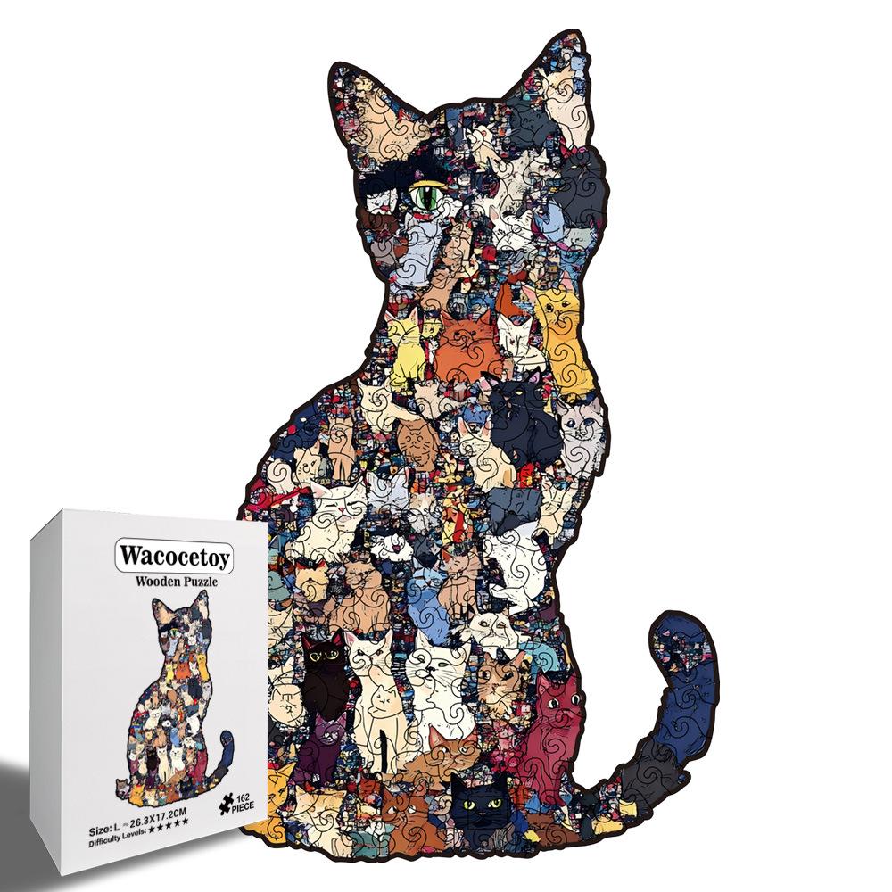 Wacocetoy One-Eyed Cat Puzzle: High-Difficulty Wooden Decompression Toy with Irregular Shapes.