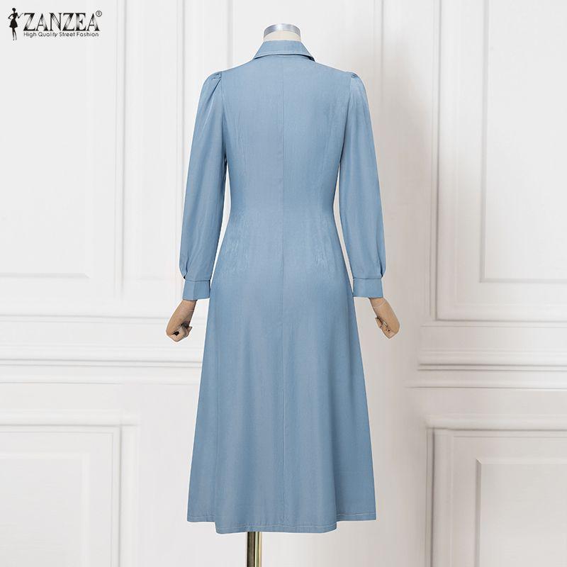 ZANZEA Lässiges Damen-Kleid mit Umlegekragen und langen Ärmeln