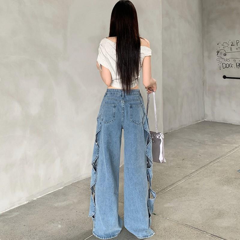 plus size Vintage Hole high waist casual loose Women spring summer autumn jeans denim wide leg Pants