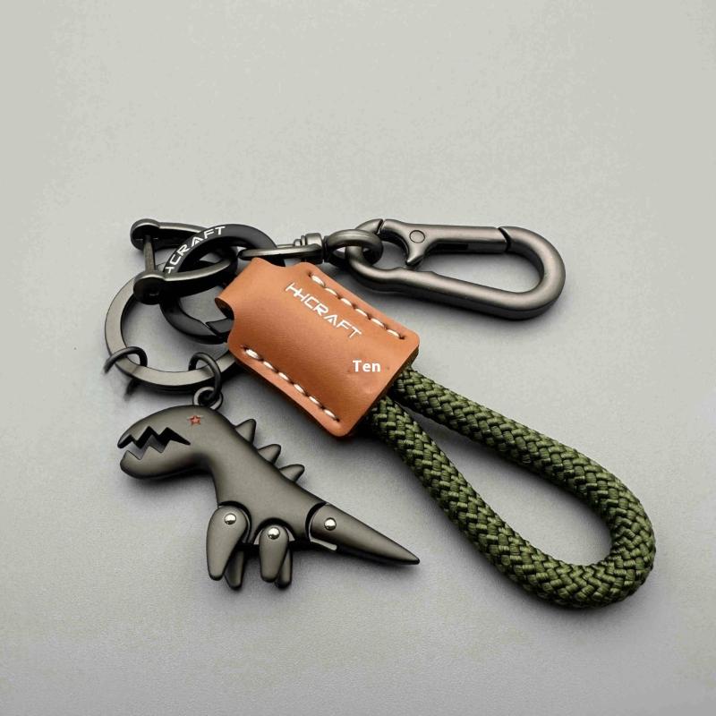 Car Keychain with Little Dino Accent, Single Braided Leather Rope, Metal Key Holder, Motorcycle & Bag Add-Ons