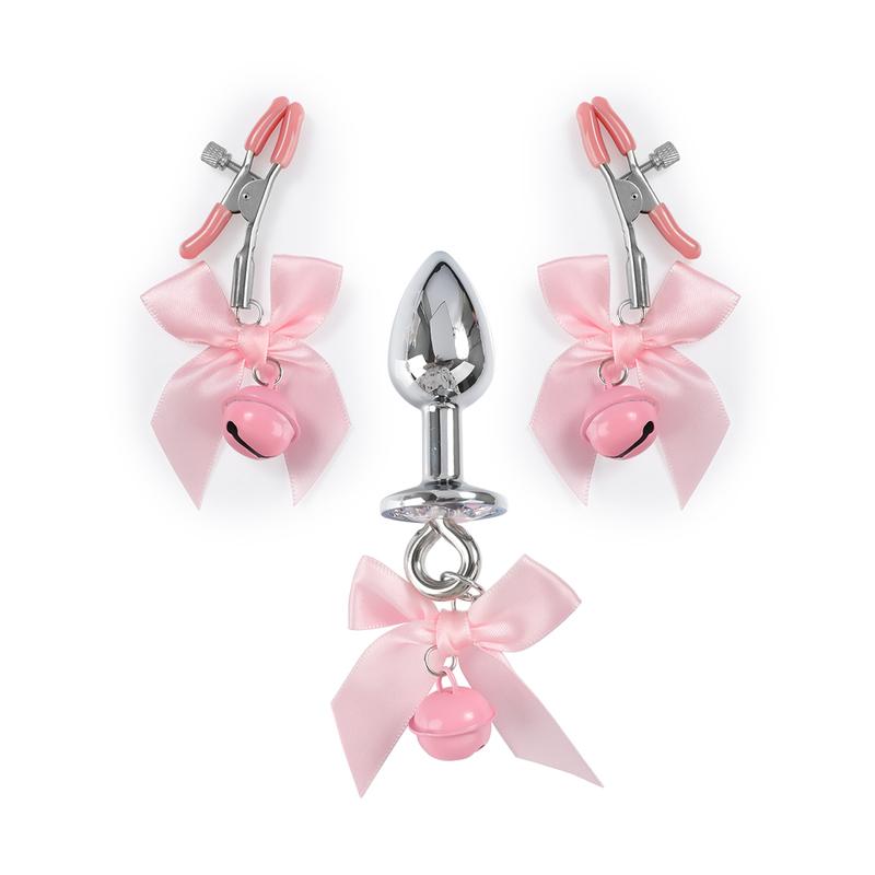 Bell With Bow Pendant Anal Plug Gemstone Buttplug With Flirting Nipple Clamps Fetish Role Play Sex Toys Exotic Accessories