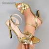 Women's Golden Heels for Ladies Pointed Toe Ankle Strap Wedding Evening Party Dress Shoes Elegant Tacones Fashion Heeled Sandals