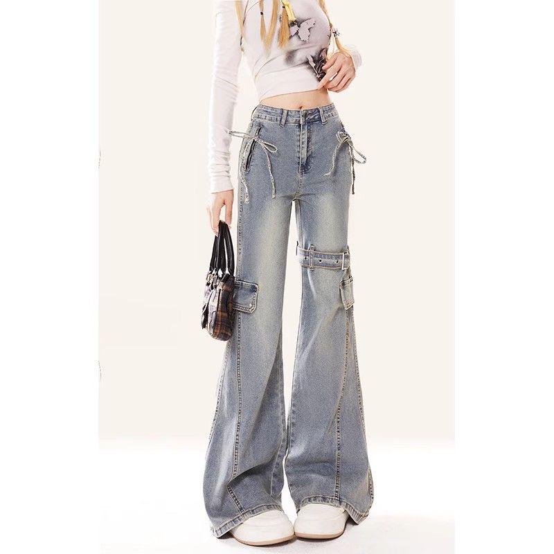 Retro High-Waisted Spicy Slim-Fit Micro-Flare Jeans with Bow and Patchwork for Women - Autumn Trendy Long Pants 2XL