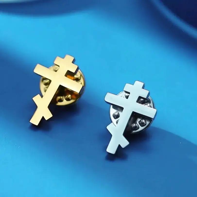 Orthodox Cross Brooch Men Women Stainless Steel Gold Pin Religious Christian Minimalist Classic Suit Accessories Gift