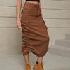 Denim Tooling Skirt Casual Mid-length Skirt Women's Side Ruched Drawstring High Waist Long Cargo Skirt with Flap Pockets